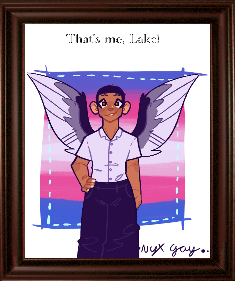 picrew of me (bald mixed guy with wings) captioned 'that's me, lake!'